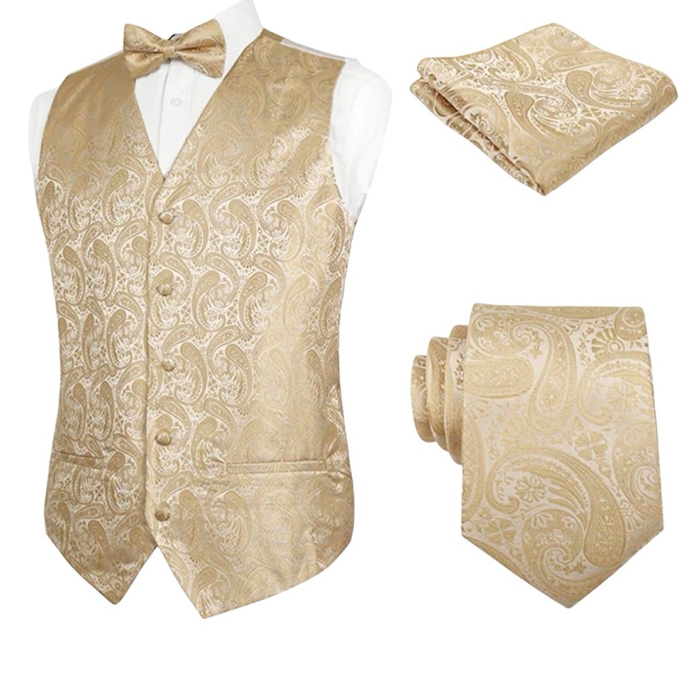 Men's Gold Paisley Vest, Tie and Pocket Square Set